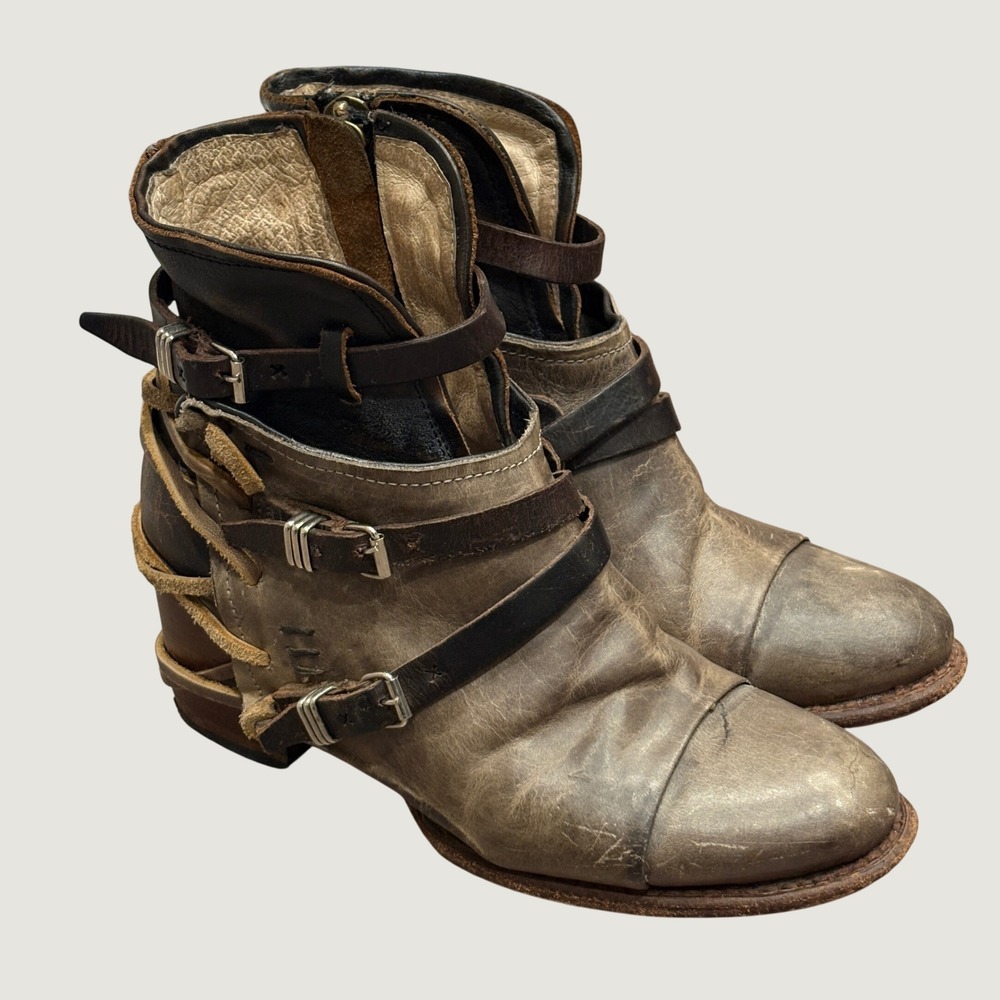 Freebird by Steven Crue Gray Multi Leather Distressed Buckle Ankle Boots Size 8